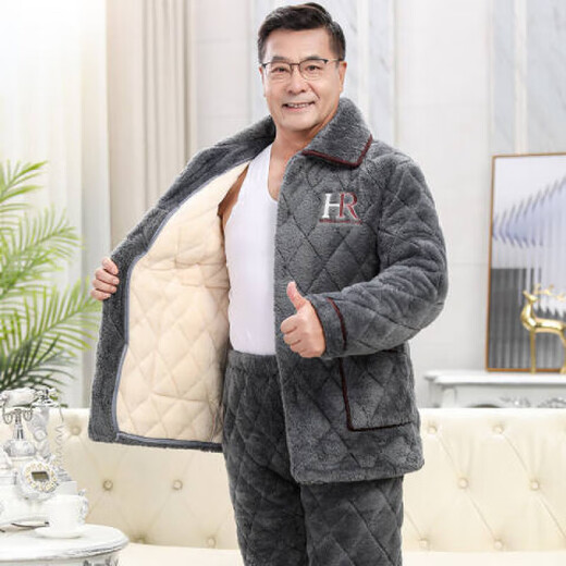 桑琴冬天穿的睡衣男士三层夹棉加棉袄加厚加绒珊瑚绒中老年人爸爸套装 C9901#黑灰色男【牛奶绒】 L (100-125斤)三层加厚