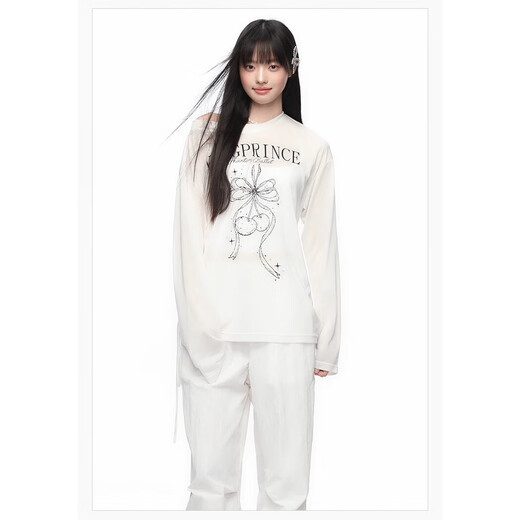 
Micro-transparent sunscreen blouse long-sleeved T-shirt for women's summer thin printed loose slimming top insGXXX96-60029 White L