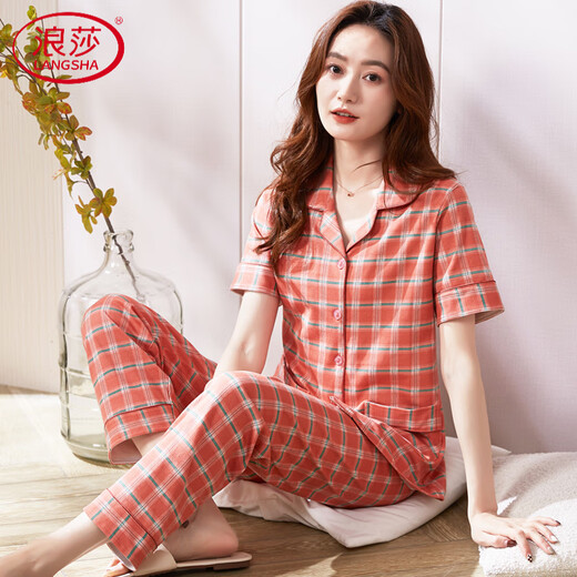 
LangSha pajamas women's pure cotton plaid short-sleeved trousers 2025 new cotton middle-aged mother summer home clothing A9923 M suitable for 80-95Jin [Jin equals 0.5 kg]