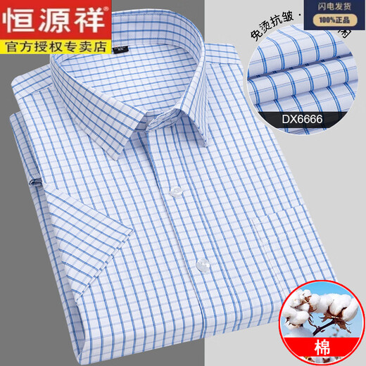 恒源祥短袖衬衫男格子夏季新款男士长绒棉衬衣半袖条纹时尚潮 蓝细格 恒-DX6629 S 38 建议95-115斤左右