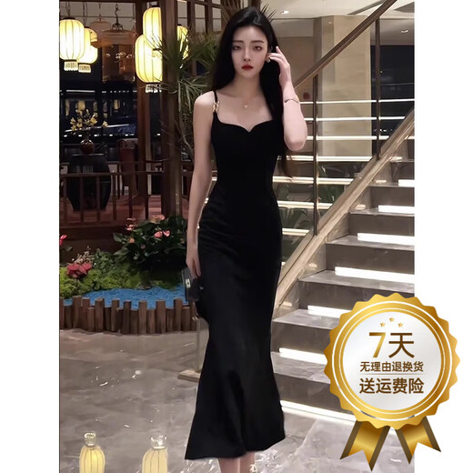 唐思薇夏季新款内搭外穿黑色吊带连衣裙女2025夏性感修身长款鱼尾礼服裙 黑色连衣裙 M 建议98-108斤