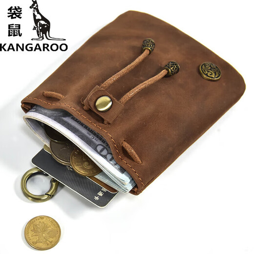 袋鼠（KANGAROO）牛皮硬币包文艺迷你钥匙包零钱包复古短皮革小钱包数据线收纳包 NC0004-疯马棕红