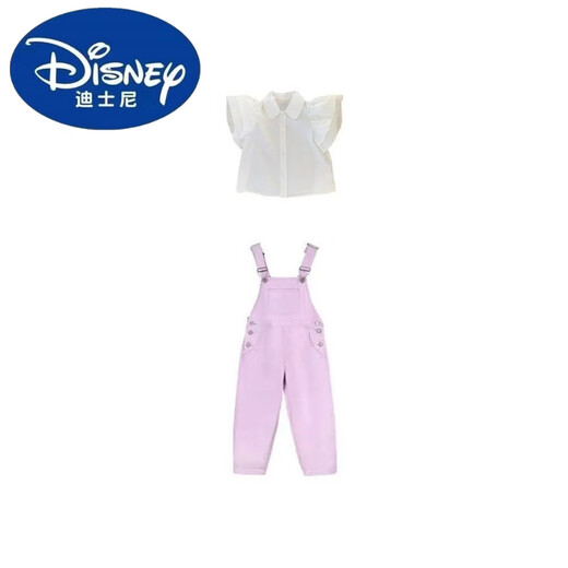 迪士尼(Disney)女童背带裤套装2025夏季新款女宝宝时髦短袖衬衫连体长裤两件套潮 白色衬衫+紫色背带裤 150 3XL 建议身高140厘米左右