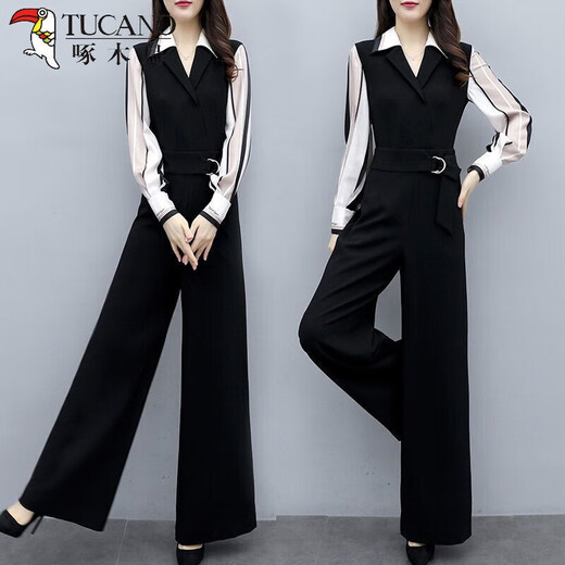 Tucano; Specht Frühlings- und Sommer-Jumpsuit Frauen 2025 Frühling neuer koreanischer Mode-Fashion Casual Black Jumpsuit High Taille Wide Legs Set Black Stripe 345 Dünn S 80-95Jin [Jin gleich 0,5 kg]