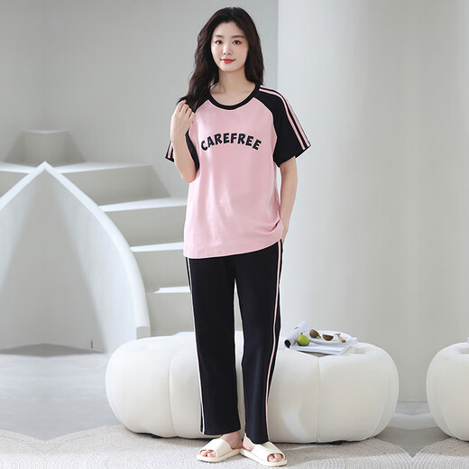 Catman 100% pure cotton pajamas for women in summer short-sleeved trousers casual loose women's home clothes large size can be worn out for outfits 688 pink 2XL [recommended 140-160Jin [Jin equals 0.5 kg]]