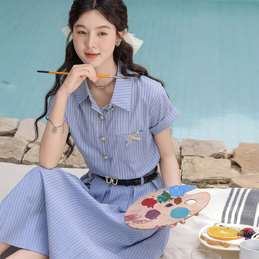 [Give a belt] Literary and elegant blue dress for women 2025 new summer slim dress D1390 Blue M [100-110Jin[Jin equals 0.5 kg]]