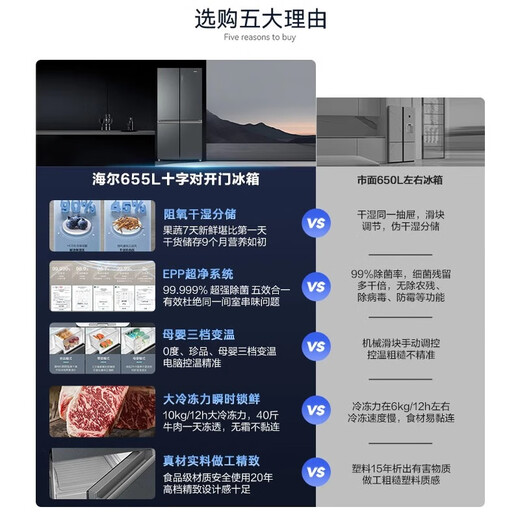 海尔655L十字门冰箱双开四门一级能效家用变频风冷无霜超大容量电冰箱 延保至整机四年