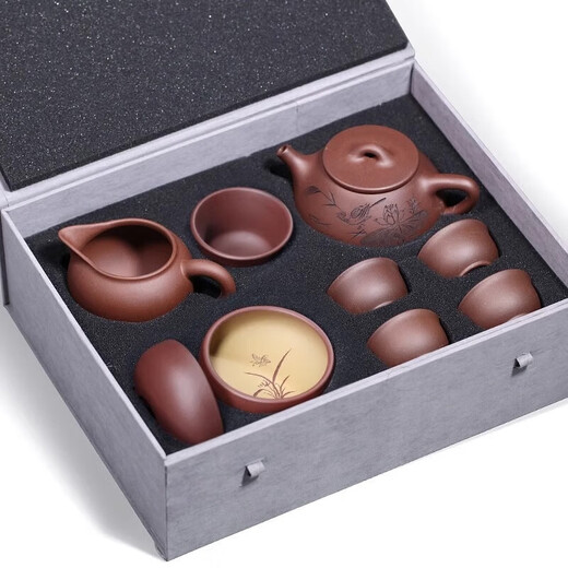 Zanghu Tianxia Yixing purple clay teapot purely hand-engraved stone ladle teapot household tea set complete set of Kung Fu teapot Jingzhou stone ladle teapot landscape style (set)