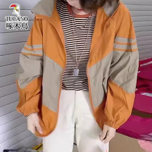 啄木鸟女款防晒衣透气宽松外套夏装连帽 橘色 L (建议100斤-115斤)