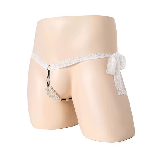 Men's sexy lace pearl underwear, men's thong pants with beads, low-waist hollow breathable T-string pants, black, one-size-fits-all, adjustable straps