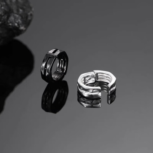 Miao Yijia men's ear clips without piercing boys' earrings black ear studs trendy niche handsome high-end silver earrings accessories double layer three-dimensional ear clips 1 silver 1 black one pair
