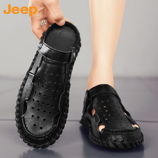 Jeep (Jeep) Sandalias Baotou para hombres de doble uso de hombres 2023 Summer NUEVO estilo al aire libre Driver de dos lados Sandalias de cuero de playa transpirable 12033 Hy Black 40