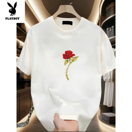 花花公子（PLAYBOY）情侣短袖T恤潮牌印花纯棉宽松百搭夏装 黑色【前大图K1049 单朵红玫瑰花 S 建议90-100斤