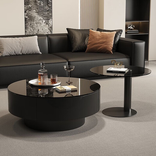 Hua Beisen coffee table black glass Italian minimalist slate living room home light luxury high-end simple round combination Baoge black glass surface + gray glass 80+50 cabinet shipped as a whole