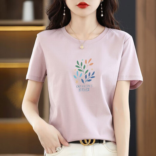 Pure YISHION brand withdrawal pure cotton white short-sleeved T-shirt women's loose printed T-shirt summer top 6193 leather powder short-sleeved M (recommended 80-105 Jin [Jin equals 0.5 kg])
