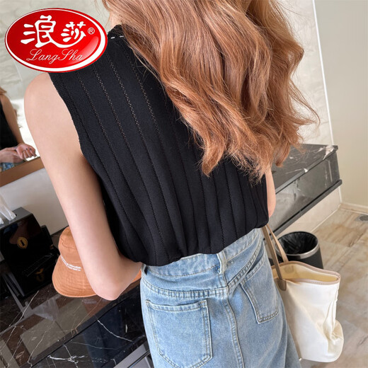 浪莎（LangSha）2025新款韩版撞色圆领套头针织无袖背心吊带女内搭无袖上衣打底衫 黑色 均码 建议70-130斤