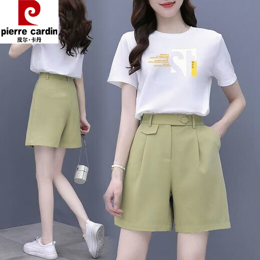 Pier Cardin Sports 2025 paired with fashionable summer short-sleeved fashionable shorts two-piece set for new women's clothing, casual and age-reducing 698# bow [set] M 80-100Jin [Jin equals 0.5 kg]