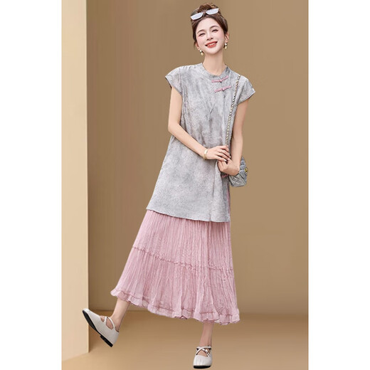 
YINGDI new Chinese style light Chinese style outfit 2025 super hot design Chinese style short-sleeved top skirt two-piece set 9905 gray top [single piece] 2XL