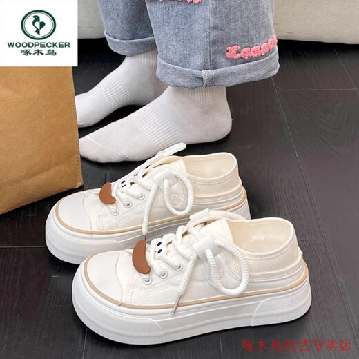 Woodpecker breasts, ugly cute canvas shoes for women, thick sole 2025 spring new white shoes ins Korean style, heels, two-wearing shoes, dog black 35