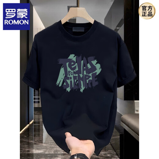 罗蒙（ROMON）美式痞帅重磅纯棉印花短袖轻奢T恤男士夏季潮牌街头宽松圆领半袖 黑色K854 TEJAS2024新款/t恤男/ M 建议100-120斤