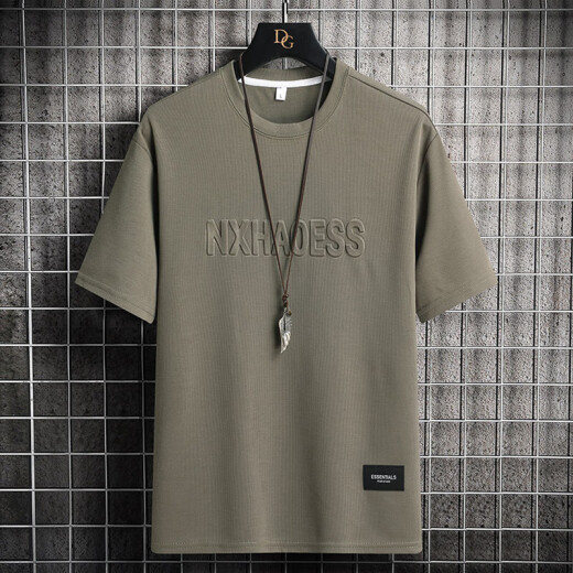 袋鼠（DAISHU）字母印花短袖T恤男夏季潮牌钢印华夫格半袖上衣服宽松冰丝体恤男t 10622-829军绿 XL 约130~150斤可穿