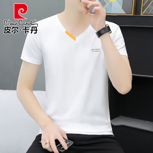 皮尔卡丹夏季新款男士棉V领半袖T恤潮流休闲小字母印花鸡心领短袖体恤衫 691 白色 M 90-100斤