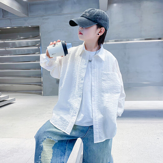 ANOTHER SKY brand authentic boys summer white long-sleeved sun protection shirt 2025 new children's light and breathable skin clothing trend white 140 cm