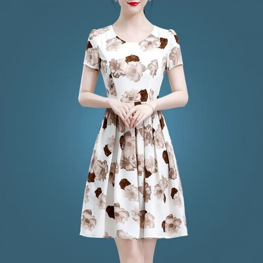 
Ice silk dress summer 2025 new floral skirt temperament 40-50-year-old middle-aged women's short-sleeved printed skirt Ice silk 9904 skirt XL 115-125Jin[Jin equals 0.5 kg]