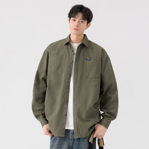 MONPOC Hong Kong style retro shirt men's spring and autumn style couple high-end casual long-sleeved shirt jacket MOC01 military green 4XL