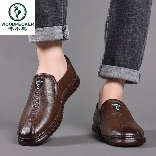Woodpecker leather shoes men's 2025 new men's shoes spring and summer breathable business casual shoes soft leather cow tendon sole single shoes bean dou shoes 6198 new khaki rubber sole 39