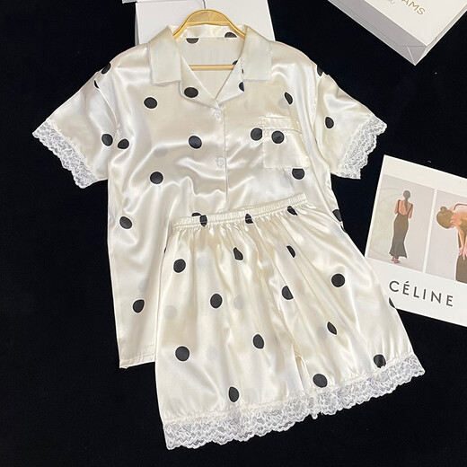 浪莎（LangSha）睡衣女夏天冰丝绸凉感短袖短裤套装甜美波点夏季春秋款女士家居服 #YX-3920 M 【75-98】斤