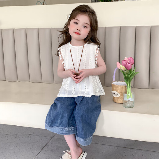 女童夏装轻奢小众套装女宝宝娃娃衫休闲装女小童牛仔阔腿裤两件套 白色 薄款 120 cm