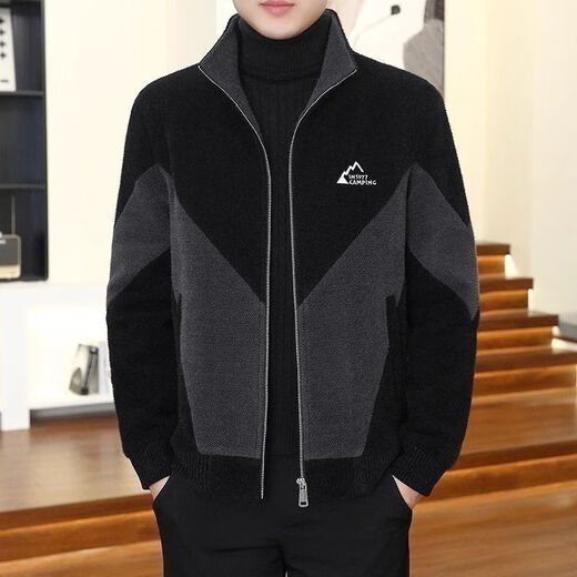 FELALWEN autumn and winter men's coat stand collar short windbreaker jacket high-end woolen coat men's thickened color-blocked woolen coat black gray L 110-130Jin Jin equals 0.5 kg
