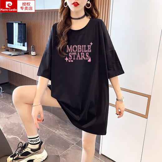 Pierre cardin 2025 summer new short-sleeved T-shirt for women 200 Jin [Jin equals 0.5 kg] extra-large women's loose fat mm plus fat plus a large half-sleeved top 844 black M (recommended 80-115 Jin [Jin equals 0.5 kg])