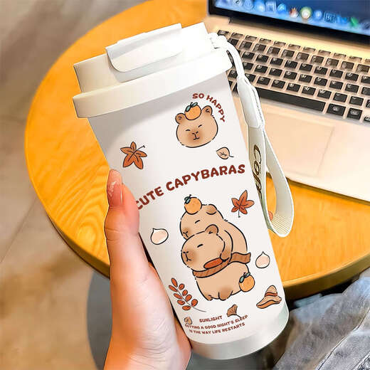Chengliu Kapibala Thermos Cup große Kapazität Student Tragbares Doppelgetränk Kaffeetasse Neue Männer und Frauen Strohwasserschale hohe Aussehen White-BXAB13562 Capybara + mit Lanyard 316 Edelstahl