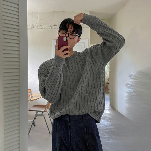 I am David Heavy Industry Knitting Twist Henry Neck Sweater Men's Spring and Autumn New Korean Style Lazy High-Level Loose Pullover Sweater Gray M