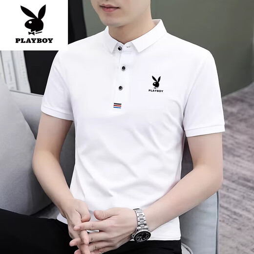 花花公子（PLAYBOY）高端男士短袖t恤2025夏季新款半袖体恤Polo.衫男潮流韩版修身 844白色+844黑色 M 建议90-110斤