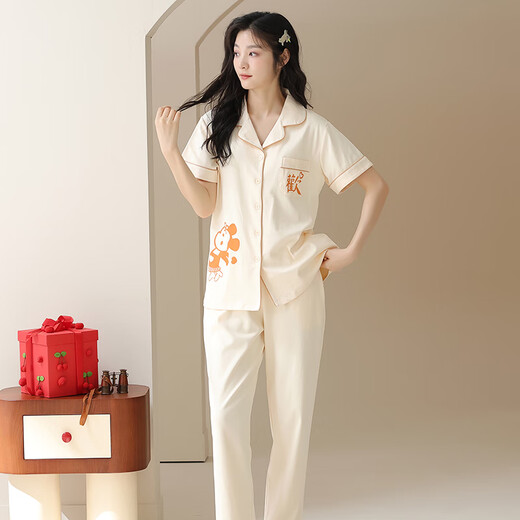 浪莎（LangSha）睡衣情侣装一男一女夏季纯棉7A抗菌短袖长裤结婚喜庆可外穿家居服 6221【喜欢】 M 女+XL男