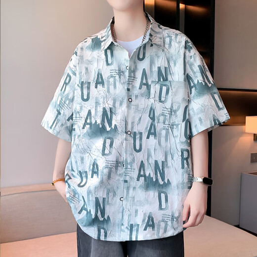 Bailedi summer boys thin short-sleeved shirt high school junior high school students teenagers big children ice silk half-sleeved shirt printed jacket 2504 blue (single shirt) high quality 160 M 80-100Jin Jin is equal to about 0.5 kg