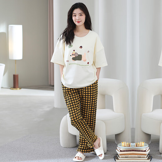 Catman 100% reiner Baumwollpyjama für Frauen in Sommerkurzschläfen Casual Lose Frauen Hauskleidung groß ist außerhalb von Anzug 687 Meter Aprikosenfarbe XL [Empfohlen 120-140jin [Jin gleich 0,5 kg]]]