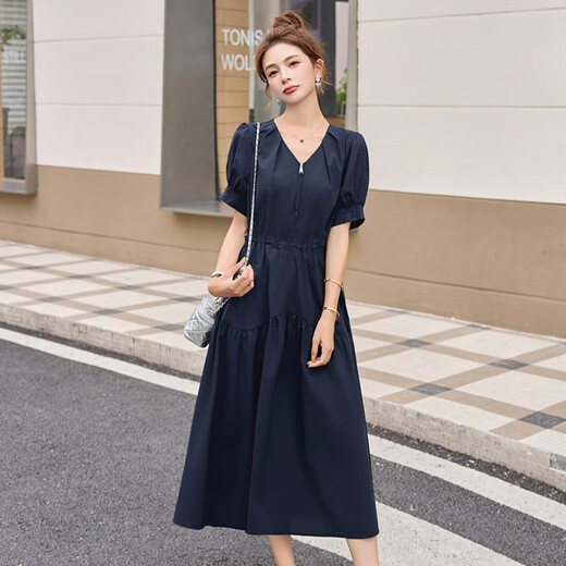 AEMAPE时尚纯棉短袖连衣裙女2025夏季新款半拉链V领气质收腰抽褶大摆裙 藏青色  3XL 建议135-150斤