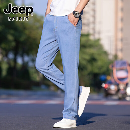 吉普（JEEP）男士薄款深色牛仔裤夏季宽松直筒商务超薄冰丝黑色休闲长裤子夏天 9767浅蓝 33 腰围二尺六