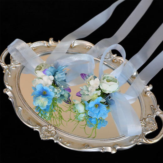 YWZR新娘头饰甜美蓝色花朵飘带发夹仙美结婚礼服发饰婚纱礼服跟妆配饰 手套