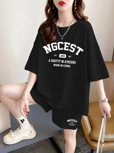 TUQIAN (TUQIAN) fat sister plus size women's summer fat mm suit plus fat large size fat mm two-piece set summer Korean version new loose A9435 black L recommended 100-120 Jin Jin equals 0.5 kg one size