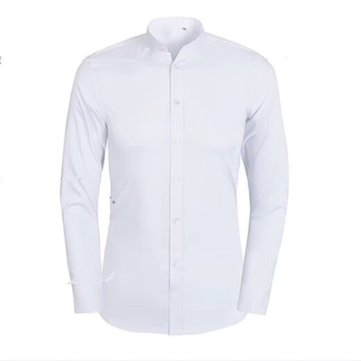 Shirt men's summer thin tunic pure white stand-up collar shirt long-sleeved slim business casual solid color top white counter quality 3XL