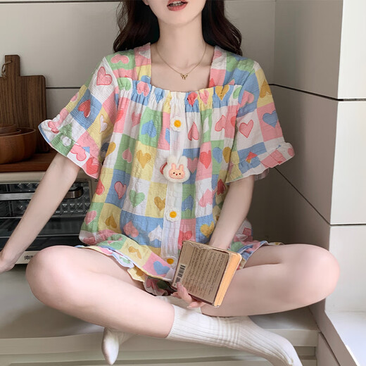 Also about 2025 new pajamas for women, summer cloud cotton with chest pad, short-sleeved sweet love, wearable home clothes set 9903-4 love, removable chest pad XL