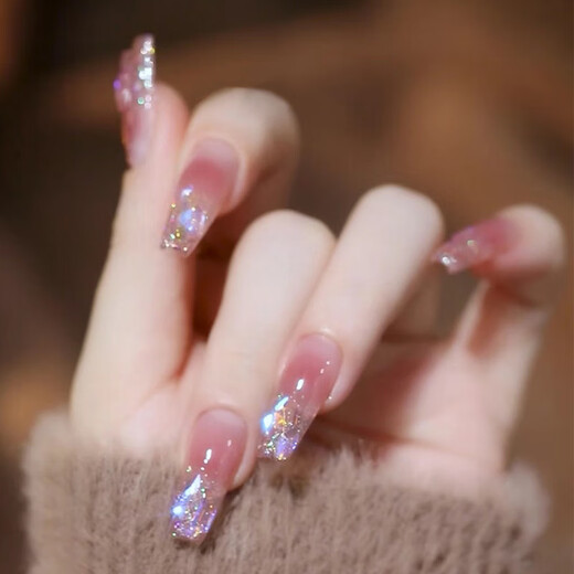 My seven-day hand-wearing nail tablets wholesale medium-length Aurora temperature glass diamond nail art finished nail patches BY1047 crystal purple butterfly phototherapy glue model