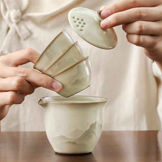 Ru Kiln Travel Tea Set Portable Tea Maker Kung Fu Tea Cup Gift Cup Outdoor Camping Tea Drinking Equipment Mountain and Sea Fog Handheld Pot Three-Cup 4-piece Set + Travel Bag