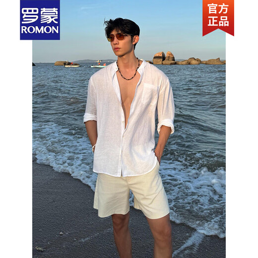 ROMON white Henry collar linen shirt men's summer and autumn old money style high-end sun protection shirt casual vacation style jacket black upgrade 90 buyers choose M 105120Jin Jin equals 0.5 kg