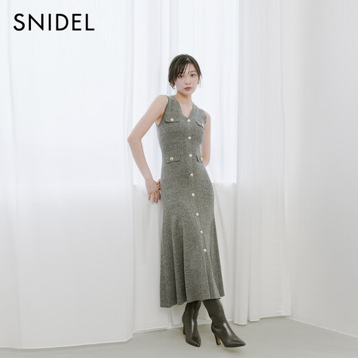 Snidel2025 Producto de otoño e invierno Nuevo producto elegante y versátil Vestido de cola de punto sin mangas en V SWNO254133 Rojo y marrón